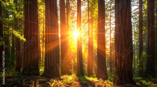 Redwood forest at sunrise in California, USA.