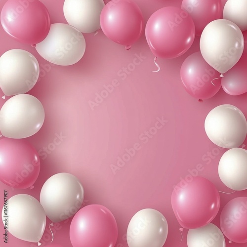 Festive pink and white balloons arranged in a circle on a soft pink backgroun...