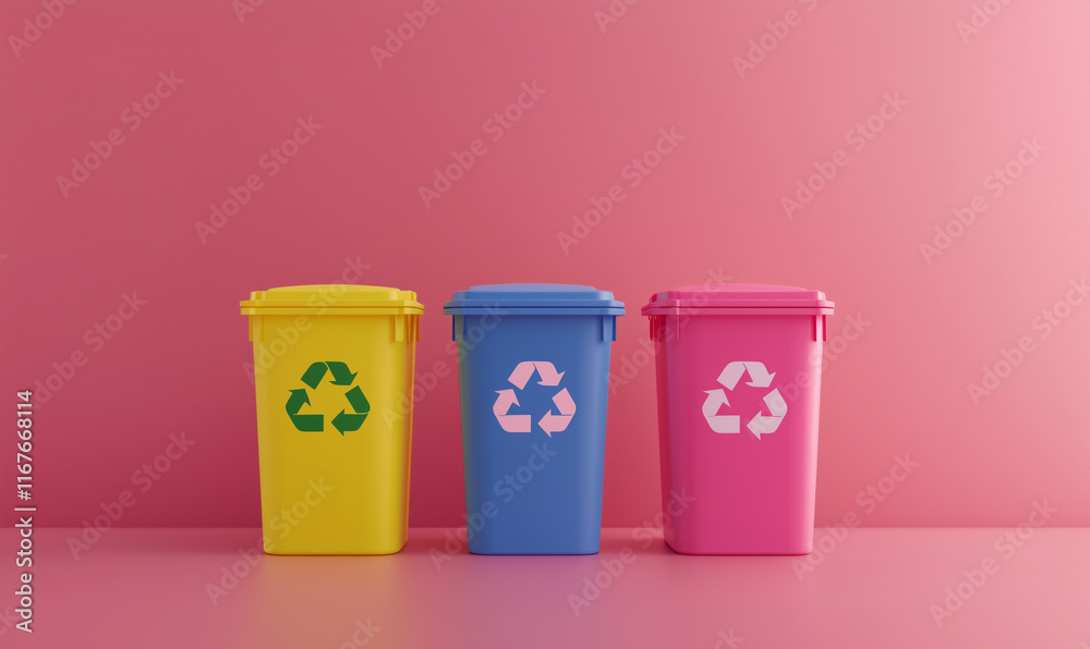 Three colorful recycling bins against a pink wall, emphasizing environmental awareness and waste management. Three colorful recycling bins against a pink wall, emphasizing environmental awareness and waste management.
