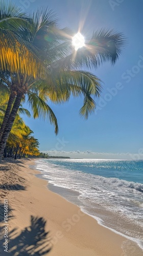 Relaxing beach view with palm trees on a sunny day
