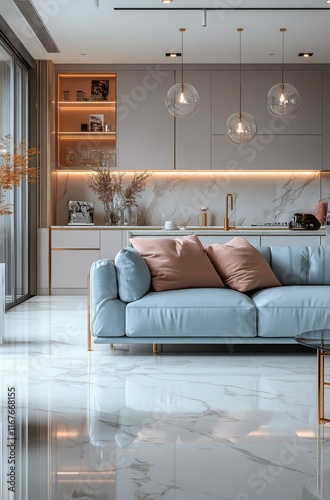 Modern living room with stylish light fixtures and elegant furniture in a bri...