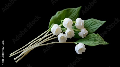 Delicate white lilies of the valley bloom with lush green leaves in a dark se...