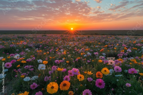 Beauty of a vibrant flower field at sunset with colorful blossoms and dramati...
