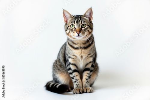 Studio portrait of an American Shorthair cat with striking tabby stripes on a white backdrop