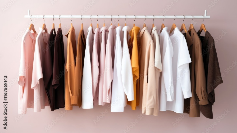 A colorful collection of shirts in bold and pastel tones neatly arranged on wooden hangers. National Thrift Shop Day. World Color Day. A colorful collection of shirts in bold and pastel tones neatly arranged on wooden hangers. National Thrift Shop Day. World Color Day.