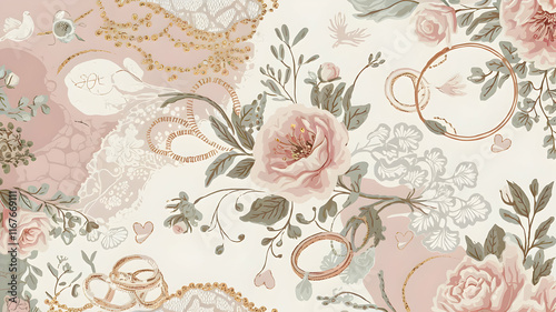 Wallpaper Mural Wedding congratulation background with wedding rings, flowers and ribbons Torontodigital.ca
