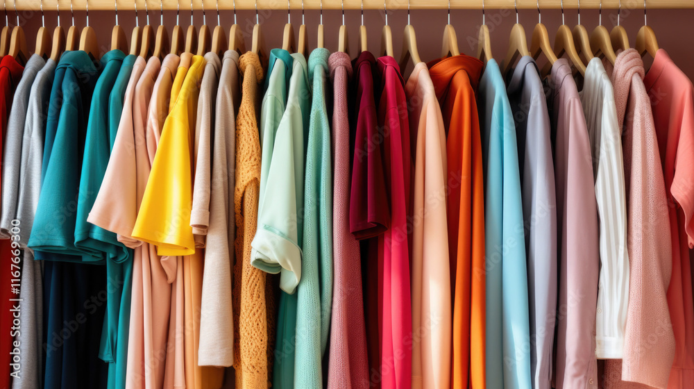 A colorful collection of shirts in bold and pastel tones neatly arranged on wooden hangers. National Thrift Shop Day. World Color Day. Wardrobe organization services. Second hand shops. A colorful collection of shirts in bold and pastel tones neatly arranged on wooden hangers. National Thrift Shop Day. World Color Day. Wardrobe organization services. Second hand shops.