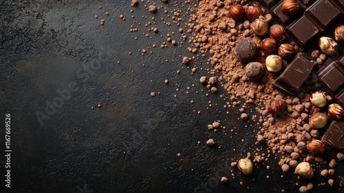 Dark chocolate and hazelnuts scattered on textured black surface for dessert ...