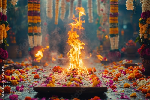 hindu festival rituals, view of holika dahan flames surrounded by garlands and offerings on a festive background, providing a close-up perspective photo
