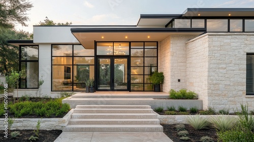 Modern minimalist house design with stone facade and sleek landscaping in bri...