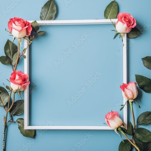 Floral arrangement with red and white roses on a blue background for creative...