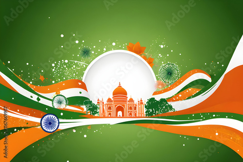 Indian republic day background showing taj mahal and waving indian flag. Republic day celebration