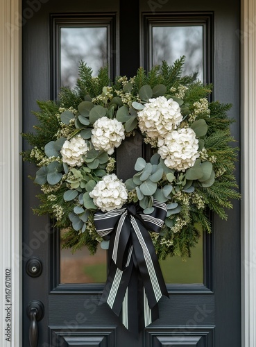Elegant floral wreath adorns a black front door with greenery and white blooms