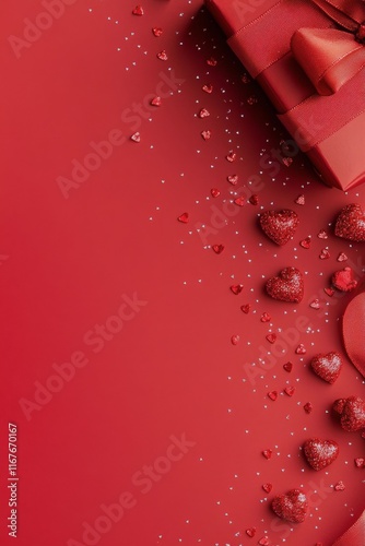 Decorative red background with hearts and ribbon for romantic celebrations an...