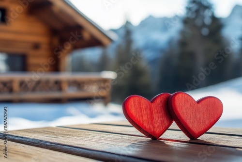 Two red hearts on a wooden table in a snowy mountain setting near a cozy cabin photo