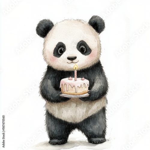 Cute panda holding a birthday cake with a candle in a festive setting