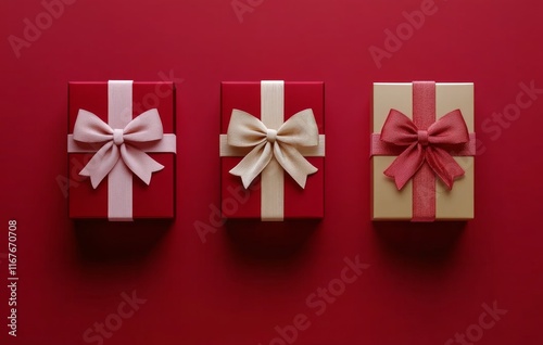Beautifully wrapped festive gifts on a vibrant red background with soft shadows