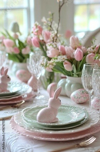 Elegant spring table setting with floral decor and decorative rabbits for a f...