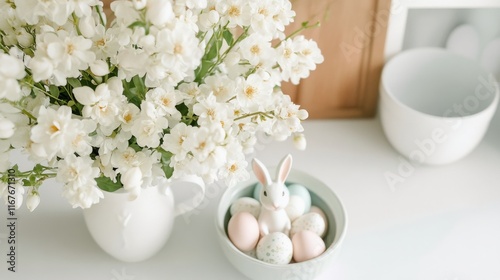 Beautiful white flowers in a clear vase on a kitchen counter with decorative ...