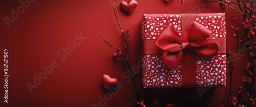 Festive red background with a gift box and decorative ornaments for holiday c...