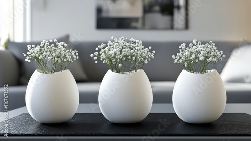 Elegant white vases with delicate flowers arranged on a dark tabletop in a mo...