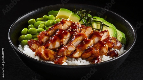 Delicious grilled chicken bowl with rice, avocado, and edamame for a nutritio...