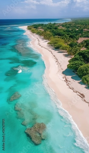 Beautiful tropical island with lush palm trees and clear water during daytime...
