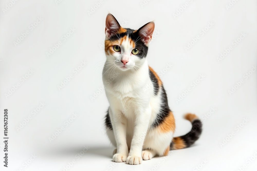 Stunning Calico Japanese Bobtail Cat Portrait on White Background for Pet or Animal Product Marketing Stunning Calico Japanese Bobtail Cat Portrait on White Background for Pet or Animal Product Marketing