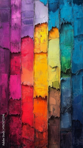 Vibrant abstract artwork showcasing a spectrum of colors with textured layers...