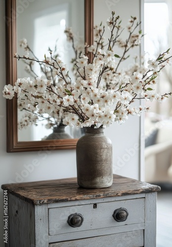 Elegant floral arrangement in a vintage vase on a wooden table with mirror re...