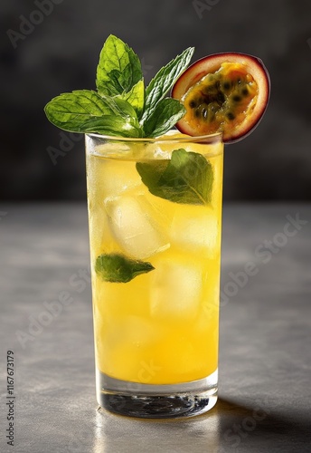 Refreshing tropical cocktail with mint and passionfruit served in a tall glass