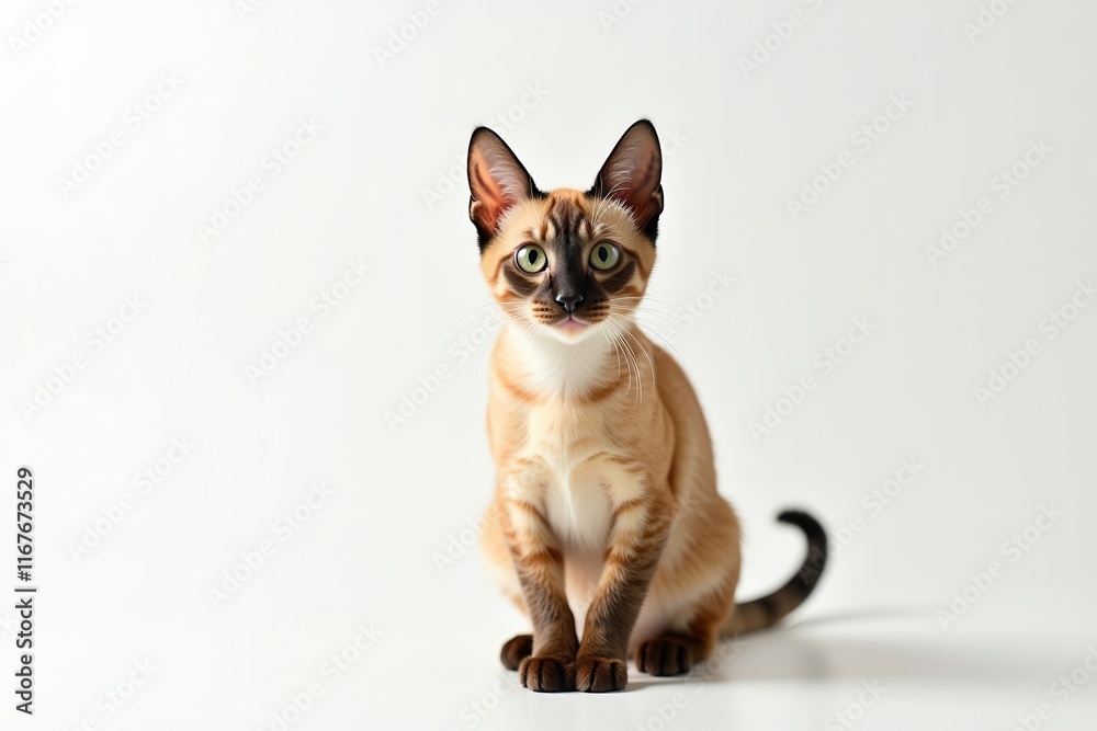 Elegant Manx kitten portrait with striking eyes against a plain white backdrop for marketing use Elegant Manx kitten portrait with striking eyes against a plain white backdrop for marketing use