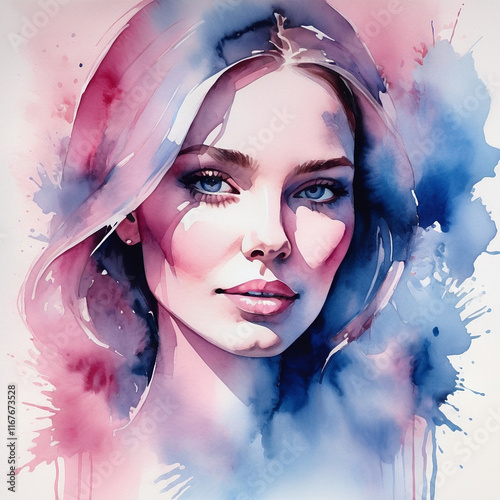 watercolor portrait of a woman with makeup in blue and pink