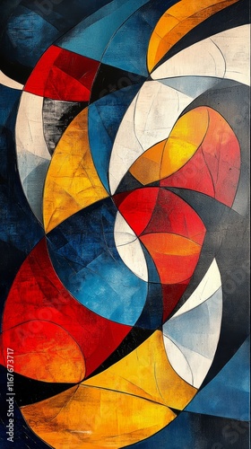 Colorful abstract artwork featuring dynamic swirling shapes and contrasting t...