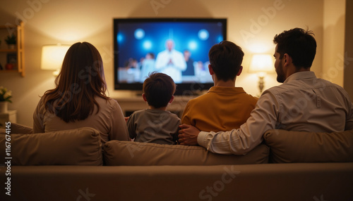 South Asian family watching Ramadan sermon in living room, togetherness