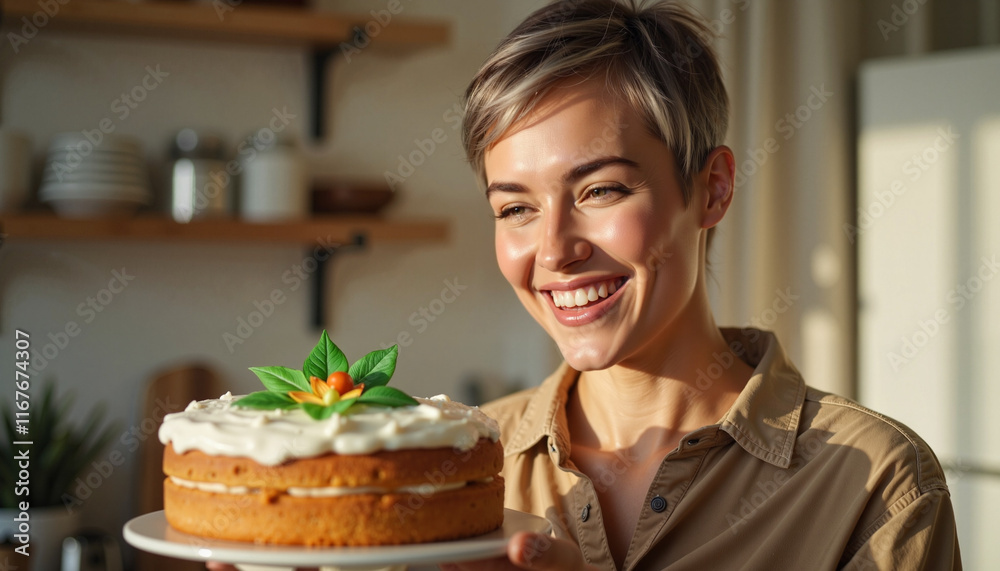 Joyful young woman holding St. David's Day cake in home kitchen, celebration Joyful young woman holding St. David's Day cake in home kitchen, celebration