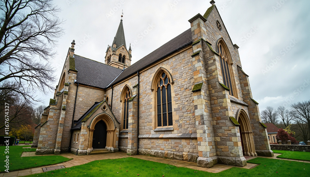 Historic stone architecture of St. David's Cathedral on overcast day, symbolism of heritage Historic stone architecture of St. David's Cathedral on overcast day, symbolism of heritage