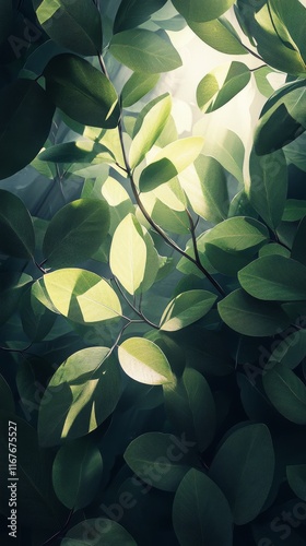 Light filtering through lush green leaves in a serene natural setting during ...