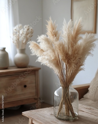 Dried pampas grass arrangement in a glass vase on a wooden table by the window