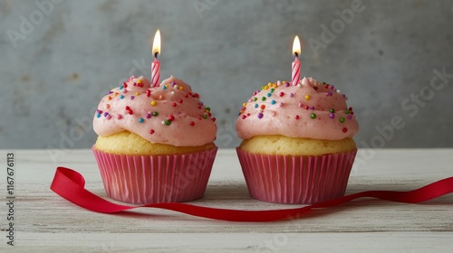 Celebration cupcakes with pink frosting and candles on a wooden table