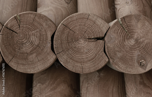 Rows Of Cut Ends Logs In Scandinavian Saddle Method Of Wooden Construction photo