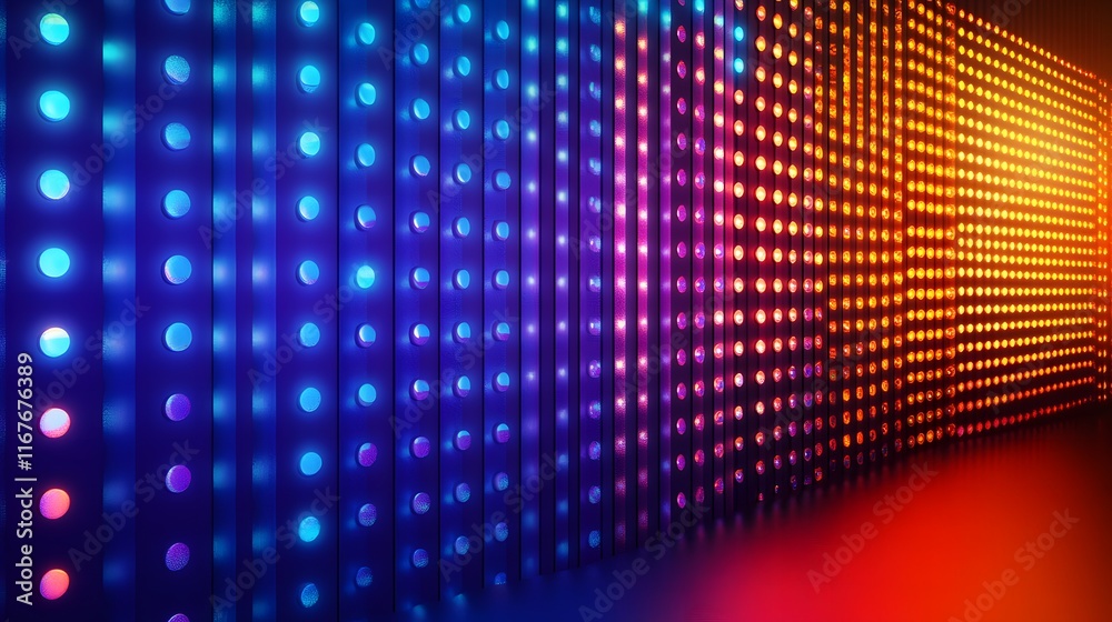 Vibrant LED wall with colorful lighting patterns. Vibrant LED wall with colorful lighting patterns.