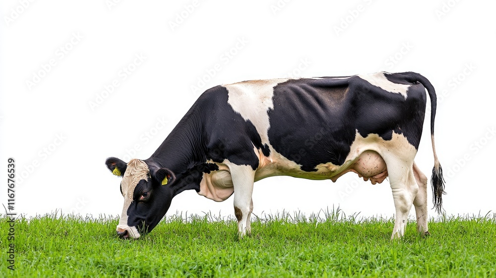 Grazing holstein cow in pasture farm animal photography green field side view agriculture concept Grazing holstein cow in pasture farm animal photography green field side view agriculture concept