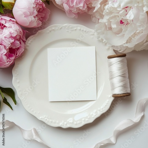 Crafting ideas with blank card, fresh peony flower, and spool of thread on wh...