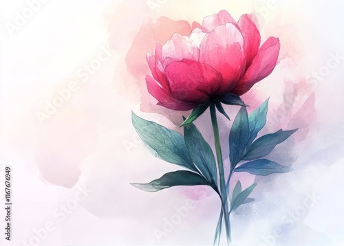 Delicate pink peony flower with green leaves against a soft pastel background