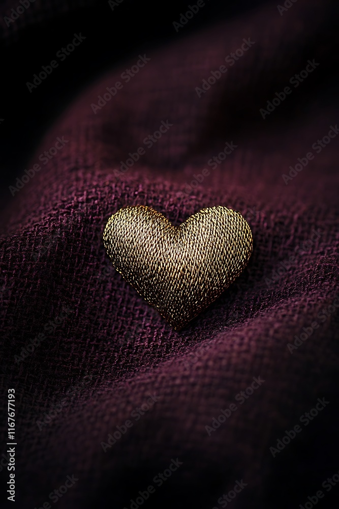 Fototapeta premium Romantic golden ribbon forming a heart on a deep burgundy surface