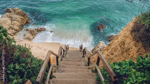 Stairs leading to a tranquil beach with gentle waves and sandy shore in the a...