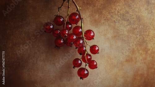 Clusters of red berries hanging from a branch against a textured brown backgr...