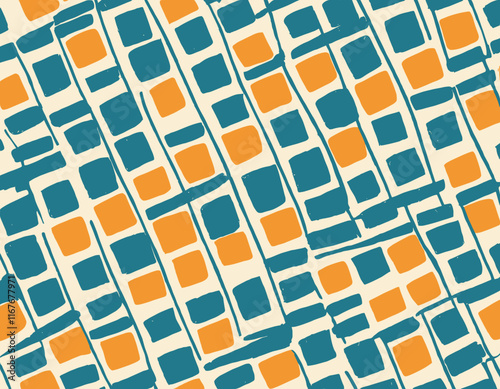 Groovy Checker Line Seamless Pattern. Paper Notebook Texture. Doodle Y2k Style Background