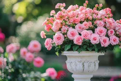Beautiful pink flowers in a decorative pot illuminated by warm sunlight in a ...